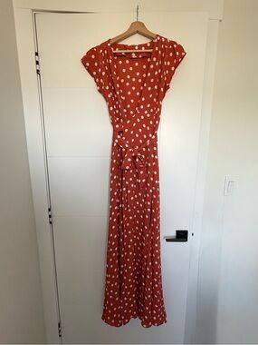Tularosa Terracotta Short Sleeve Maxi Wrap Dress with White Polka Dots